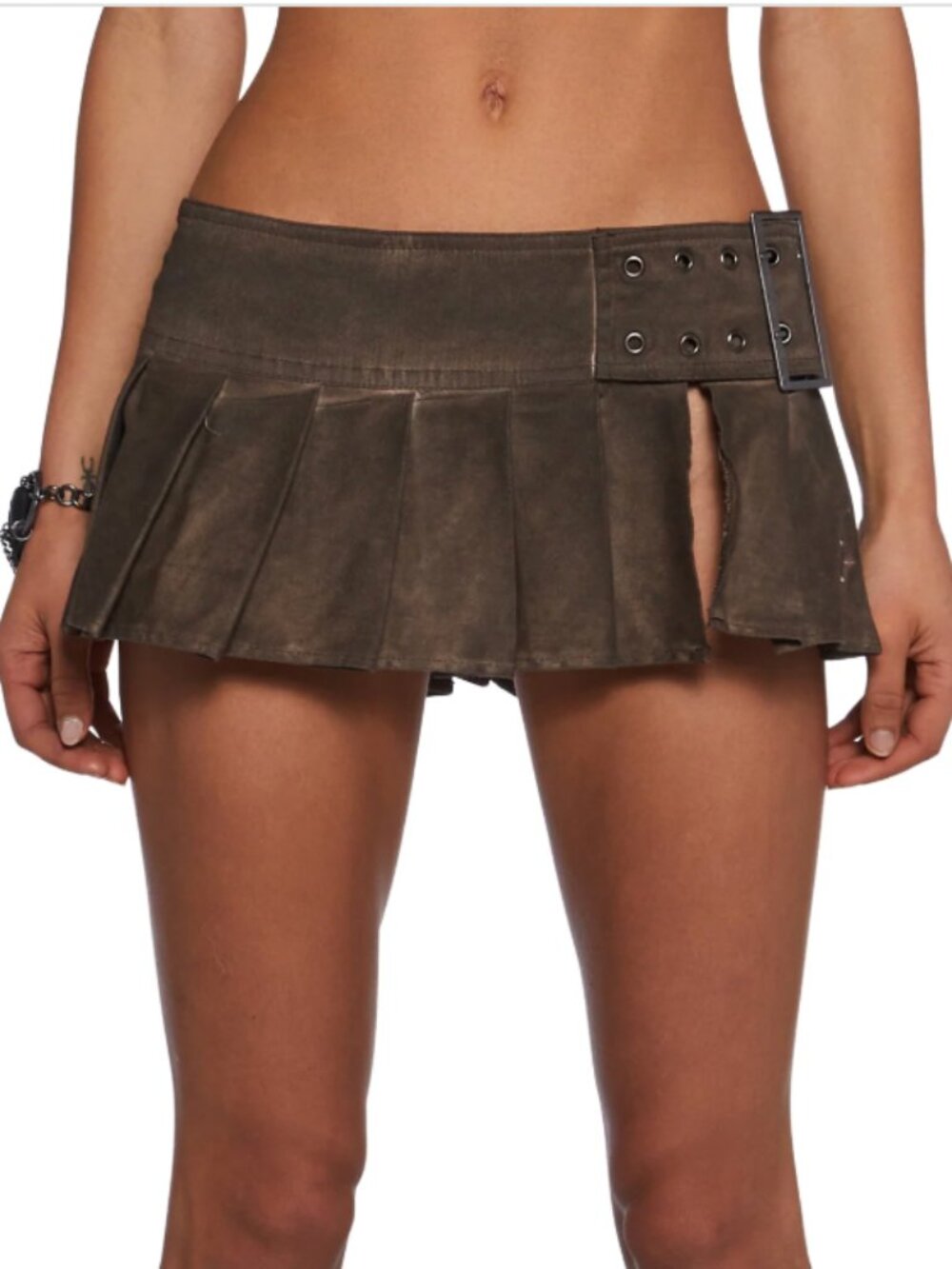 POSTER GIRL Brown Faux Leather Pleated Mini Skirt with Oversized Buckle